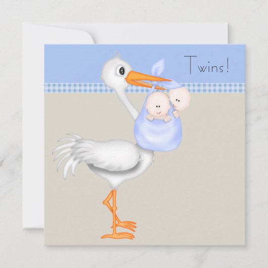 Blue Beige Gingham Stork Twin Baby Boy Dusche Einladung (Vorderseite)