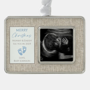 Blue & Beige Leinwand New Baby Ultrasound Foto Rahmen-Ornament Silber