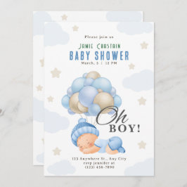 Blue Beige Moderner Junge mit Balloons Babydusche Einladung