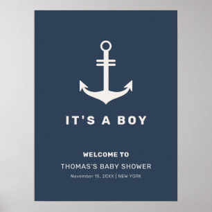 Blue Beige Nautical Anchor Baby Dusche Empfang Poster