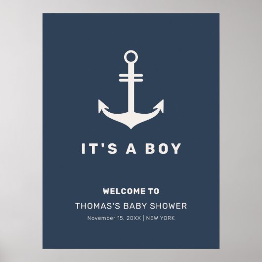 Blue Beige Nautical Anchor Baby Dusche Empfang Poster (Vorne)