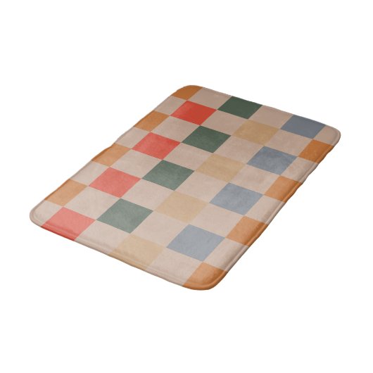 Blue Beige Orange Brown Checkered Gingham Pattern Badematte (Schrägansicht)