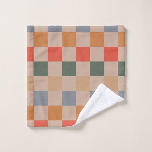 Blue Beige Orange Brown Checkered Gingham Pattern Badhandtuch Set (Waschlappen)
