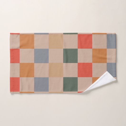 Blue Beige Orange Brown Checkered Gingham Pattern Badhandtuch Set (Handtuch)