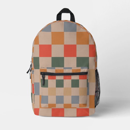 Blue Beige Orange Brown Checkered Gingham Pattern Bedruckter Rucksack (Vorderseite)