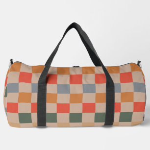 Blue Beige Orange Brown Checkered Gingham Pattern Duffle Bag