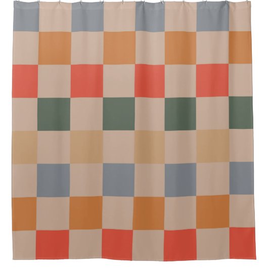 Blue Beige Orange Brown Checkered Gingham Pattern Duschvorhang (Vorderseite)