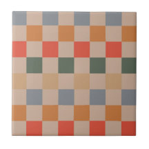 Blue Beige Orange Brown Checkered Gingham Pattern