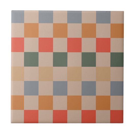 Blue Beige Orange Brown Checkered Gingham Pattern Fliese (Vorderseite)