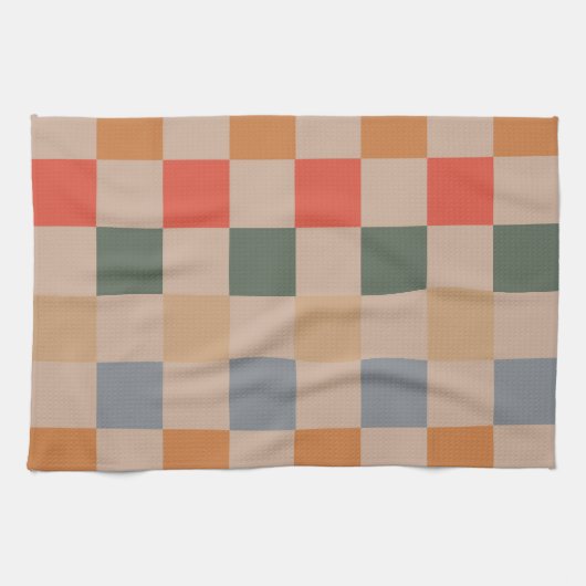 Blue Beige Orange Brown Checkered Gingham Pattern Geschirrtuch (Horizontal)