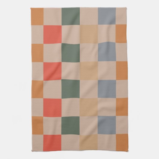 Blue Beige Orange Brown Checkered Gingham Pattern Geschirrtuch (Vertikal)