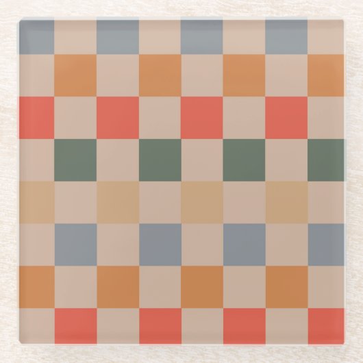 Blue Beige Orange Brown Checkered Gingham Pattern Glasuntersetzer (Vorderseite)