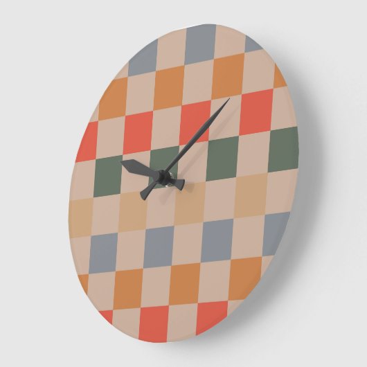 Blue Beige Orange Brown Checkered Gingham Pattern Große Wanduhr (Winkel)