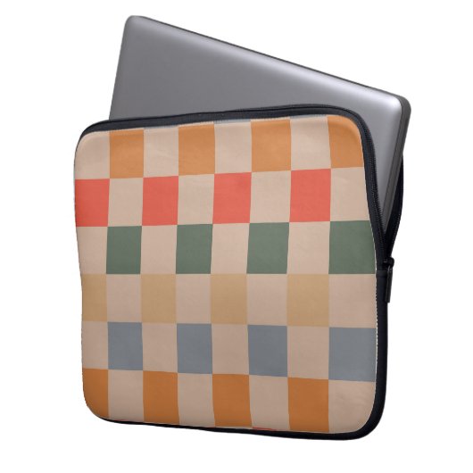 Blue Beige Orange Brown Checkered Gingham Pattern Laptopschutzhülle (Vorderseite Links)