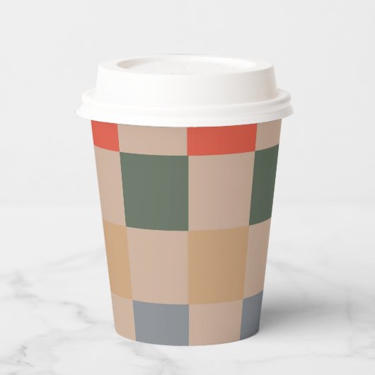 Blue Beige Orange Brown Checkered Gingham Pattern Pappbecher (Links)