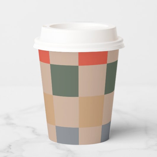 Blue Beige Orange Brown Checkered Gingham Pattern Pappbecher (Rückseite)