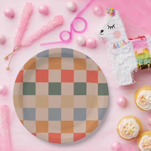 Blue Beige Orange Brown Checkered Gingham Pattern Pappteller (Party)