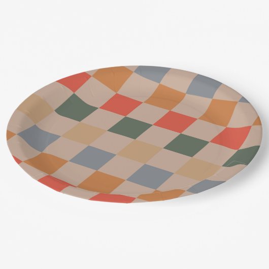Blue Beige Orange Brown Checkered Gingham Pattern Pappteller (Schrägansicht)
