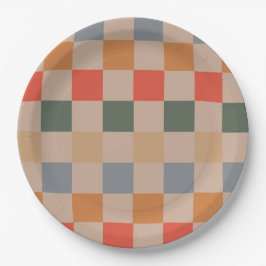 Blue Beige Orange Brown Checkered Gingham Pattern Pappteller