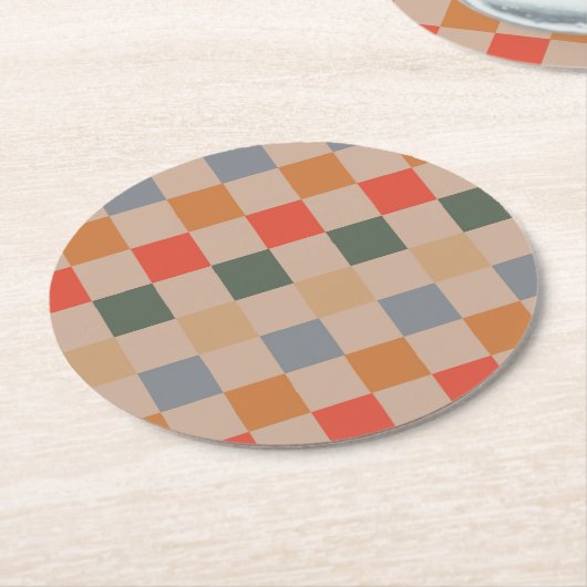 Blue Beige Orange Brown Checkered Gingham Pattern Runder Pappuntersetzer (Angewinkelt)