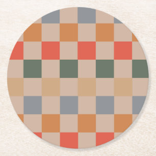 Blue Beige Orange Brown Checkered Gingham Pattern Runder Pappuntersetzer