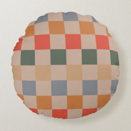 Blue Beige Orange Brown Checkered Gingham Pattern Rundes Kissen