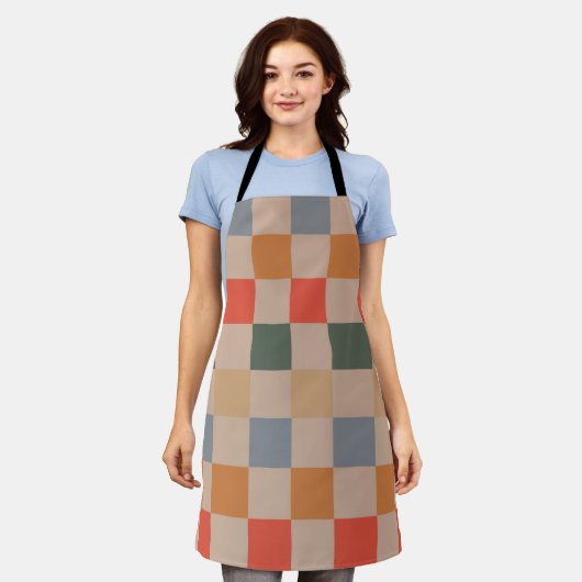 Blue Beige Orange Brown Checkered Gingham Pattern Schürze (Getragen)