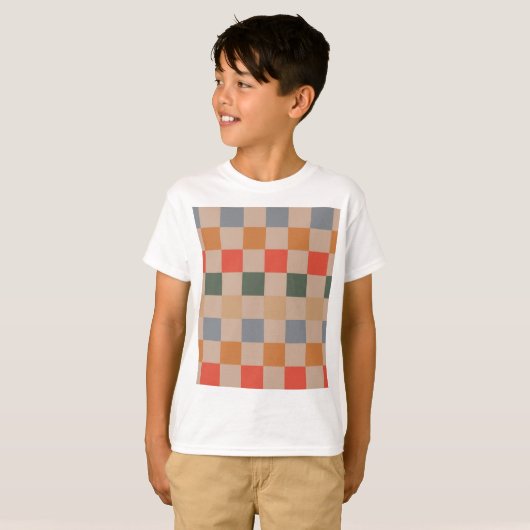 Blue Beige Orange Brown Checkered Gingham Pattern T-Shirt (Vorne ganz)