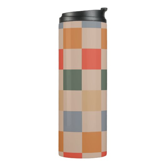 Blue Beige Orange Brown Checkered Gingham Pattern Thermosbecher (Nach links gedreht)