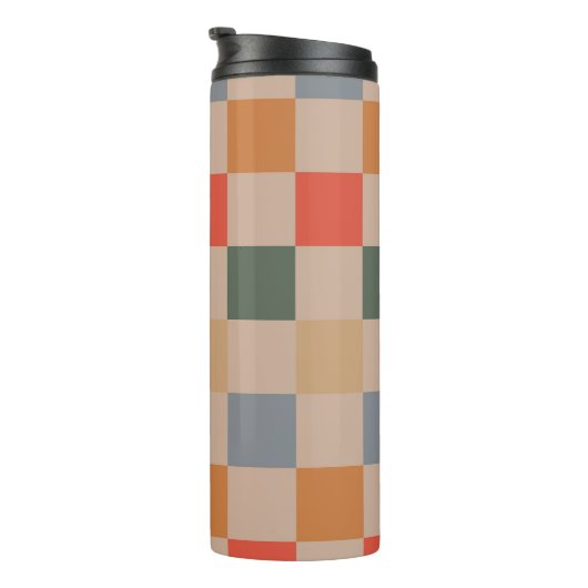 Blue Beige Orange Brown Checkered Gingham Pattern Thermosbecher (Nach rechts gedreht)