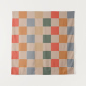Blue Beige Orange Brown Checkered Gingham Pattern Wandteppich (Vorderseite (Horizontal))