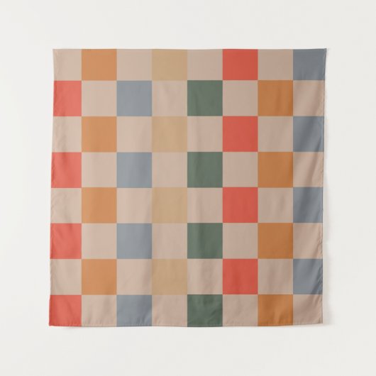 Blue Beige Orange Brown Checkered Gingham Pattern Wandteppich (Vorderseite (Horizontal))