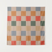Blue Beige Orange Brown Checkered Gingham Pattern Wandteppich (Vorderseite)