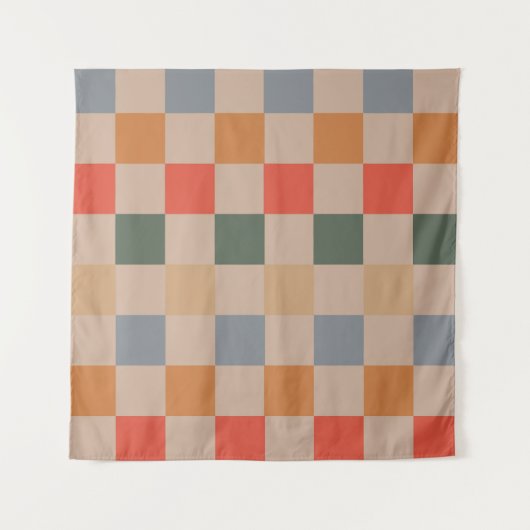 Blue Beige Orange Brown Checkered Gingham Pattern Wandteppich (Vorderseite)