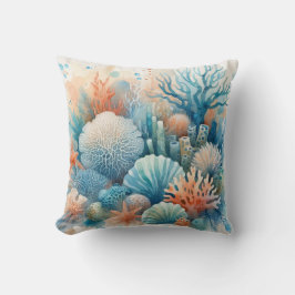 Blue Beige Orange Coral Reef Meereswelt Kissen
