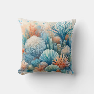 Blue Beige Orange Coral Reef Meereswelt Kissen
