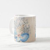 Blue Beige Seashells Coral Starfish Kaffeetasse (Vorderseite Links)