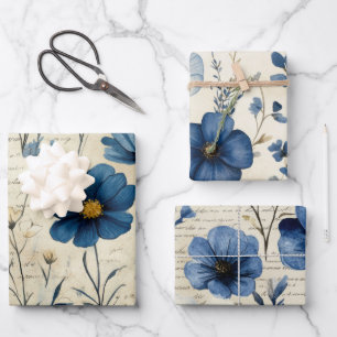 Blue Beige Wasserfarbe Florals Vintag antike Geschenkpapier Set
