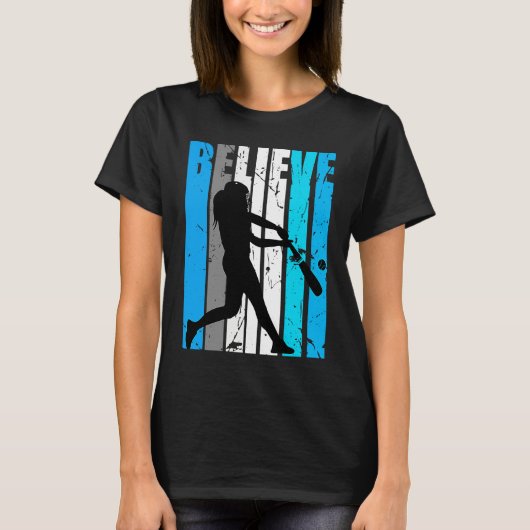Blue Believe Motivational Girls Baseball Retro Gra T-Shirt (Vorderseite)