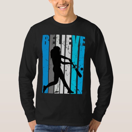 Blue Believe Motivational Girls Baseball Retro Gra T-Shirt (Vorderseite)