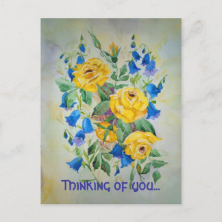 Blue bells with rose, Thinking of you. Postkarte