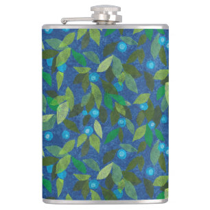 Blue Berries Minimal floral Muster Papier Collage Flachmann