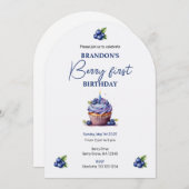 Blue Berry First Birthday Watercolor Custom Foto Einladung (Vorne/Hinten)
