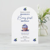 Blue Berry First Birthday Watercolor Custom Foto Einladung (Stehend Vorderseite)