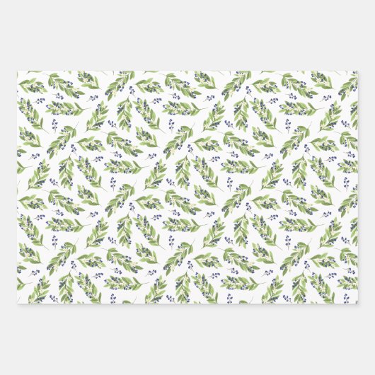 Blue Berry Twigs Snowflakes Holiday Patterns Geschenkpapier Set (Vorderseite)