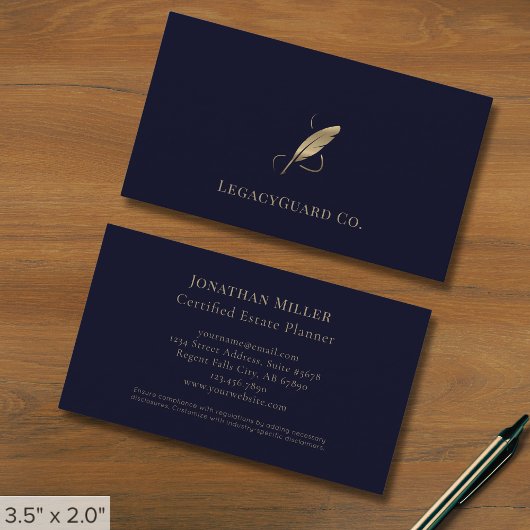Blue Beruflich Luxe Gold Quill Logo Visitenkarte
