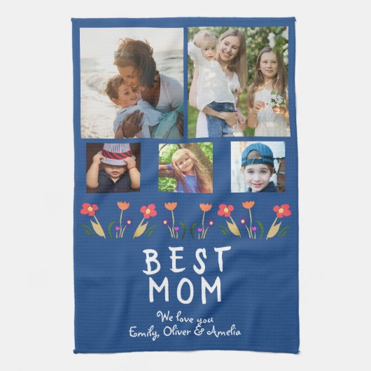 Blue Best Mama Blume 5 Foto Collage Keepake Geschirrtuch (Vertikal)