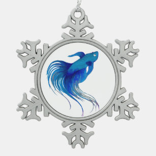 Blue Betta Watercolor Schneeflocken Zinn-Ornament