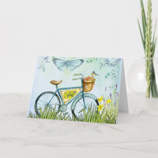 Blue Bicycle Basket Blume & Bird Karte (Vorderseite)