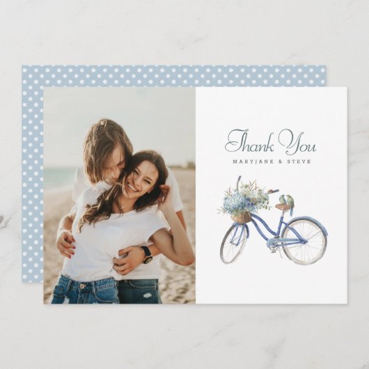 Blue Bicycle Bohemisch Watercolor Wedding Foto Dankeskarte (Vorne/Hinten)